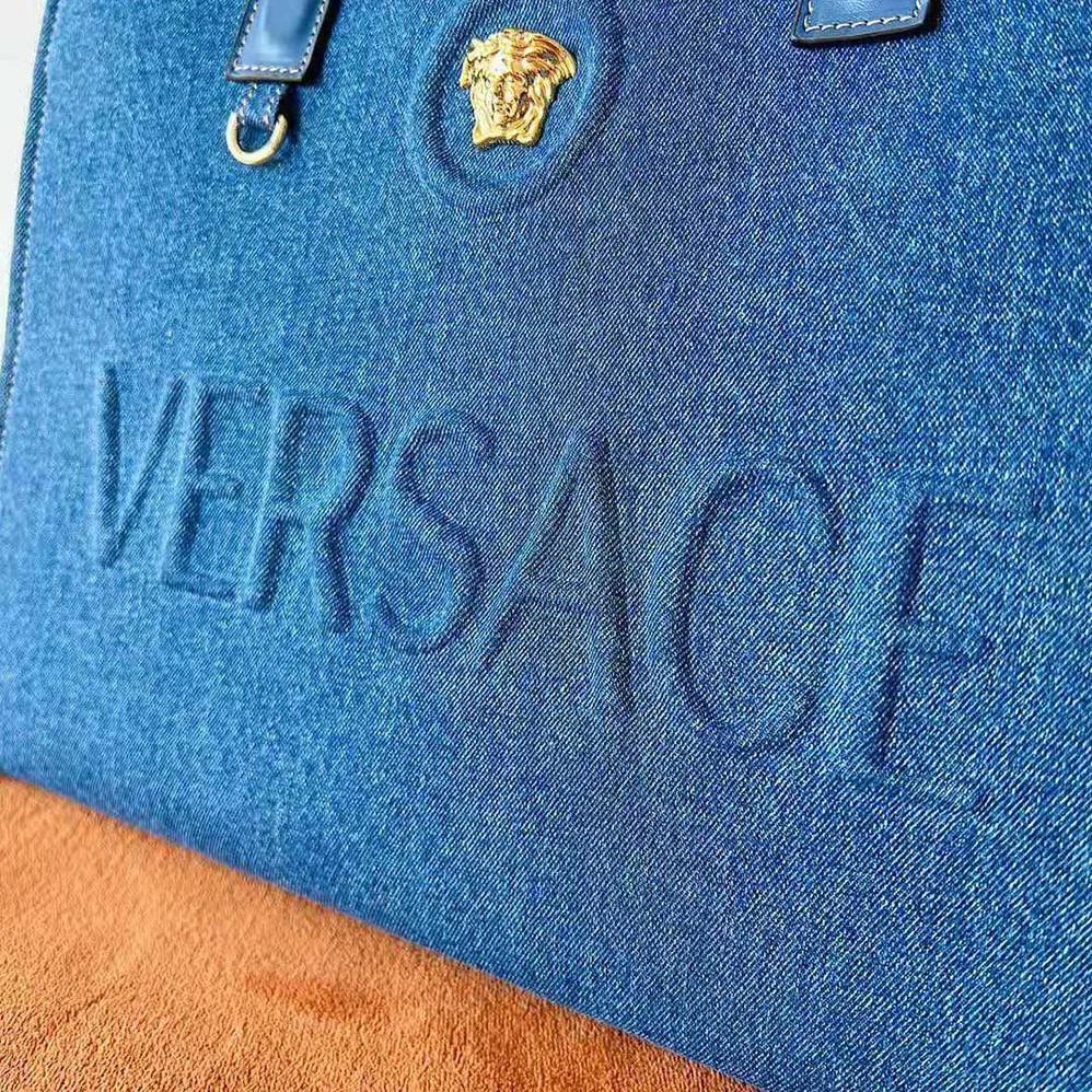 Versace La Medusa Denim Large Tote Bag for Women in Blue Versace La Medusa Denim Large Tote Bag for Women in Blue
