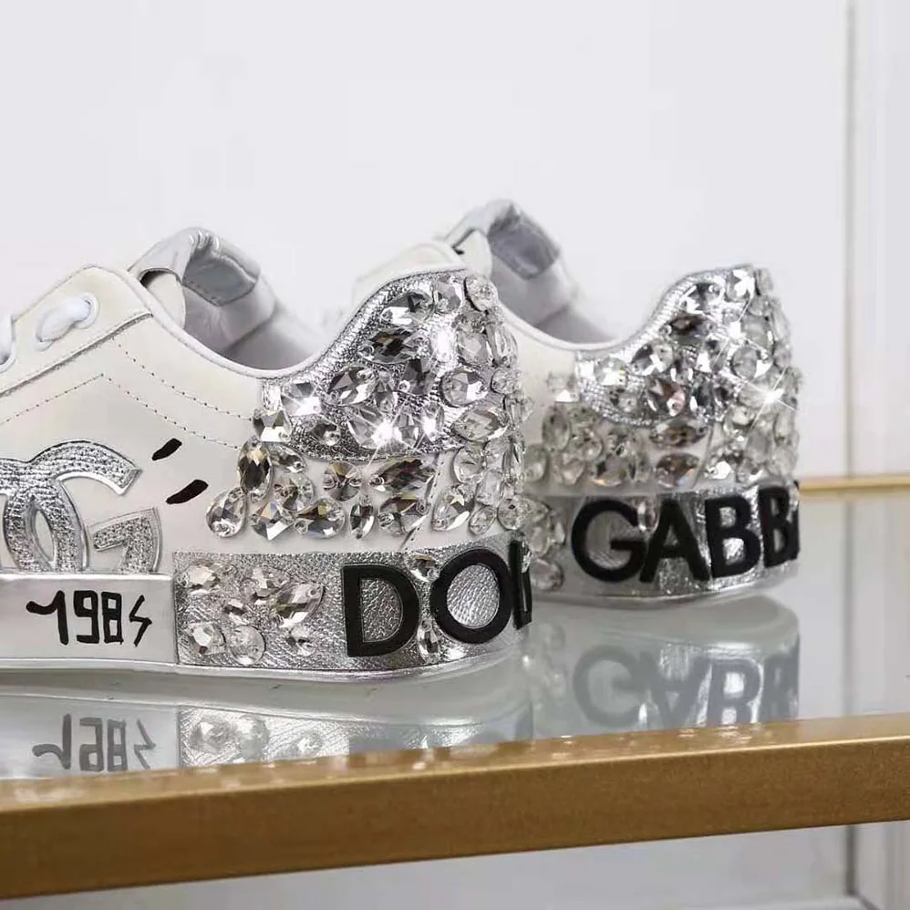 Dolce Gabbana D&G Printed Calfskin Nappa Portofino Sneakers with DG Logo and Embroidery for Men in Silver