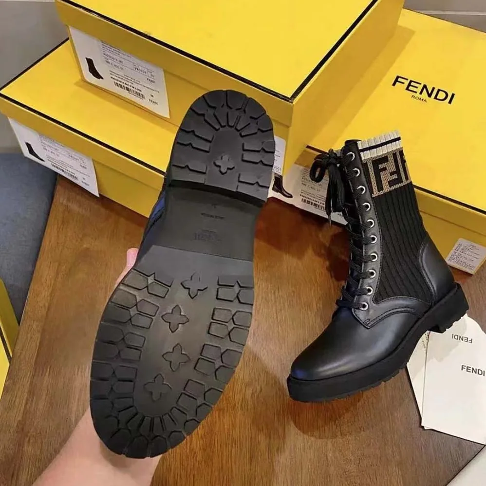 Fendi Rockoko Black Leather Biker Boots with Stretch Fabric for Women Fendi Rockoko Black Leather Biker Boots with Stretch Fabric for Women