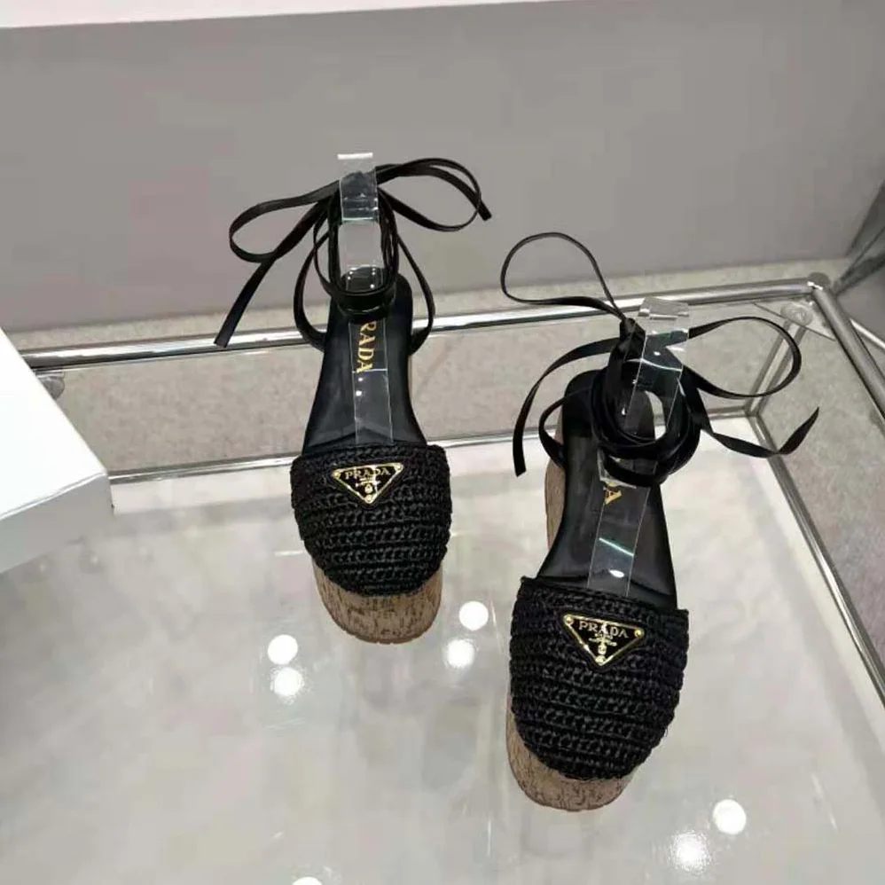 Prada Crochet Wedge Sandals with Enameled Metal Triangle Logo for Women in Black