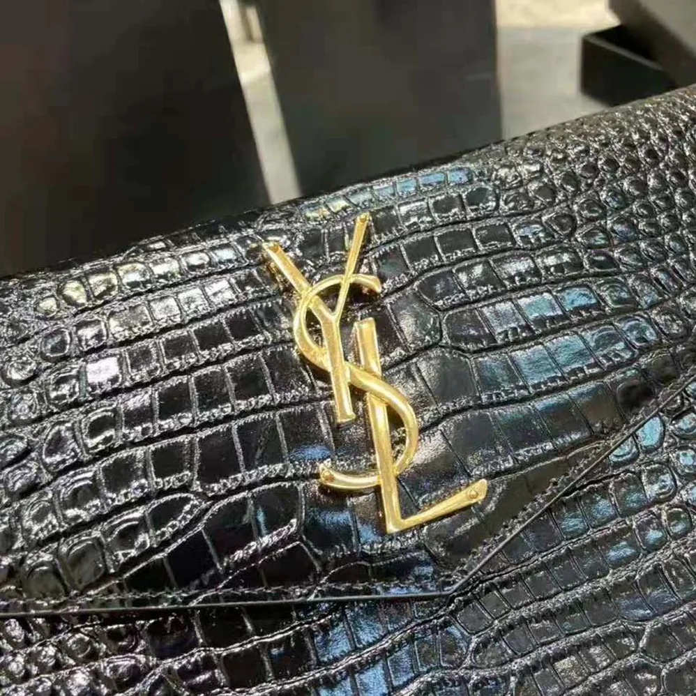 Saint Laurent YSL Uptown Pouch in Crocodile Embossed Shiny Leather for Women in Black