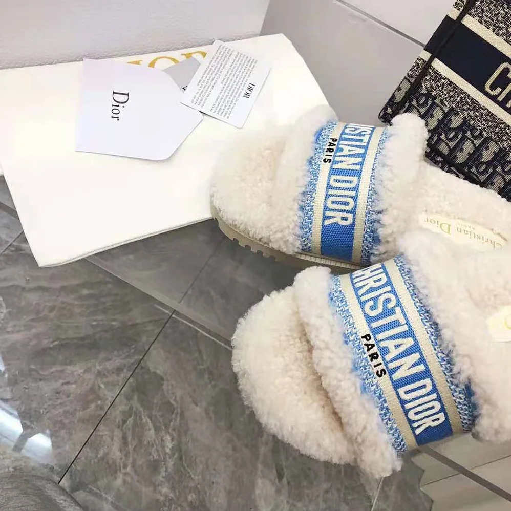 Dior Dway Slide Cornflower Blue Embroidered Cotton and White Shearling for Women