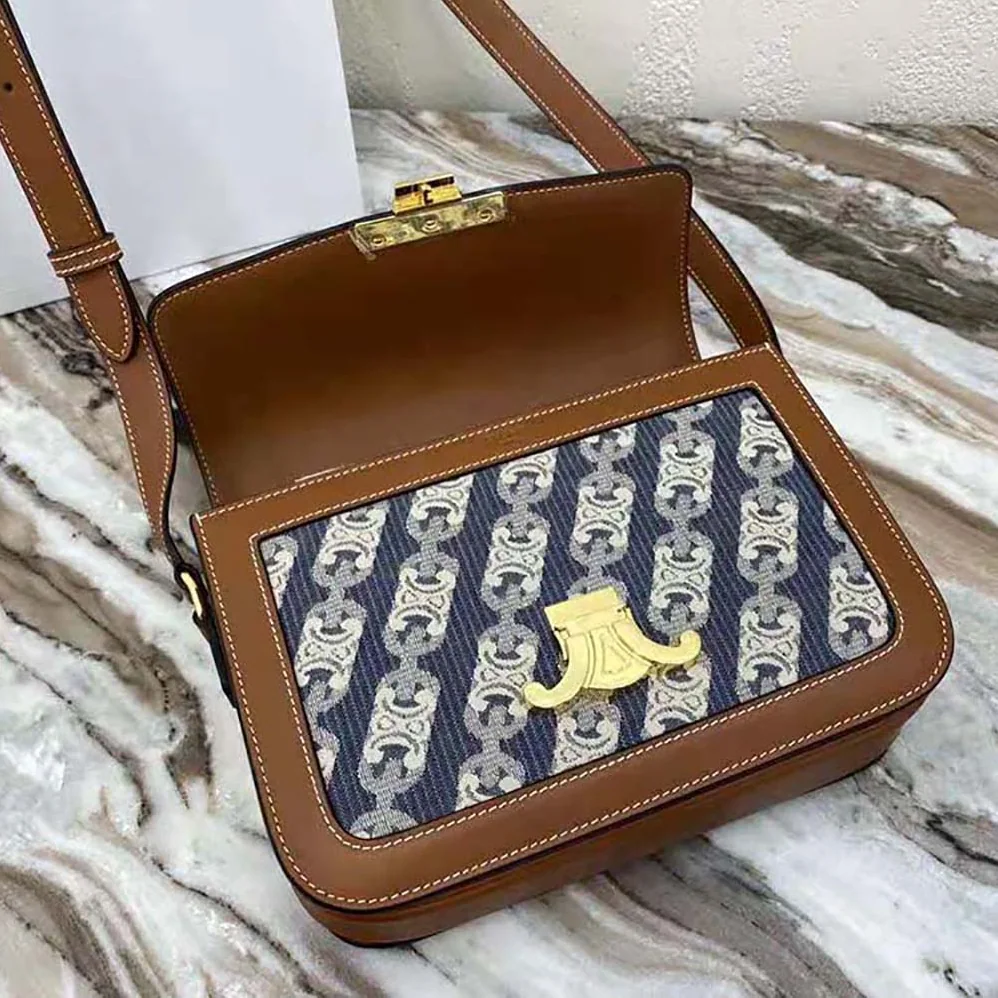 Celine Medium Triomphe Bag in Chaine Triomphe Jacquard and Natural Calfskin for Women Celine Medium Triomphe Bag in Chaine Triomphe Jacquard and Natural Calfskin for Women