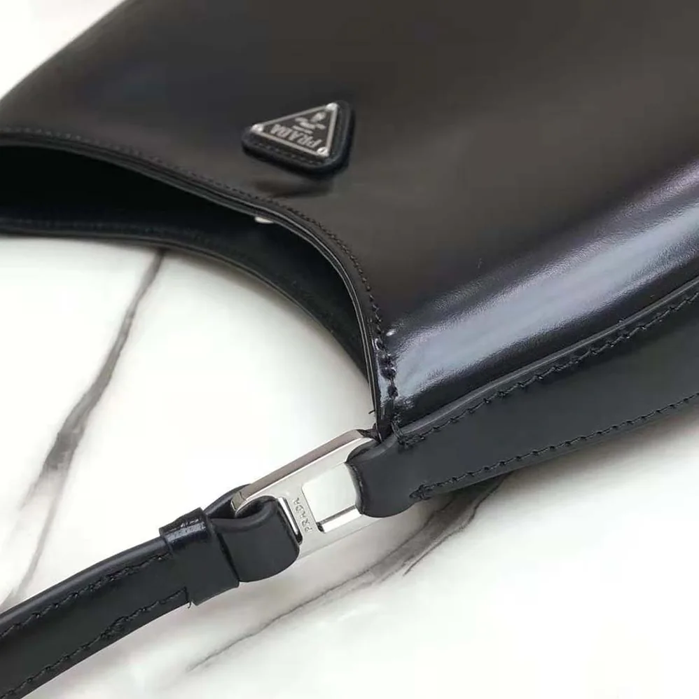 Prada Cleo Brushed Leather Shoulder Bag in Black