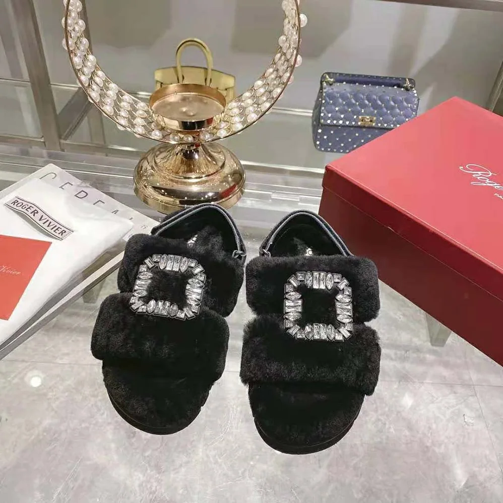 Roger Vivier Viv' Winter Fur Strass Buckle Sandals in Sheepskin for Women in Black Roger Vivier Viv' Winter Fur Strass Buckle Sandals in Sheepskin for Women in Black