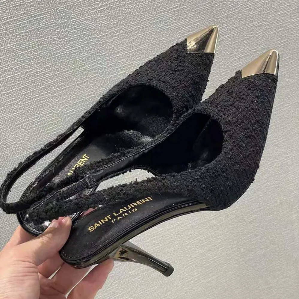 Saint Laurent YSL Vesper Slingback Pumps in Boucle Tweed for Women in Black Saint Laurent YSL Vesper Slingback Pumps in Boucle Tweed for Women in Black