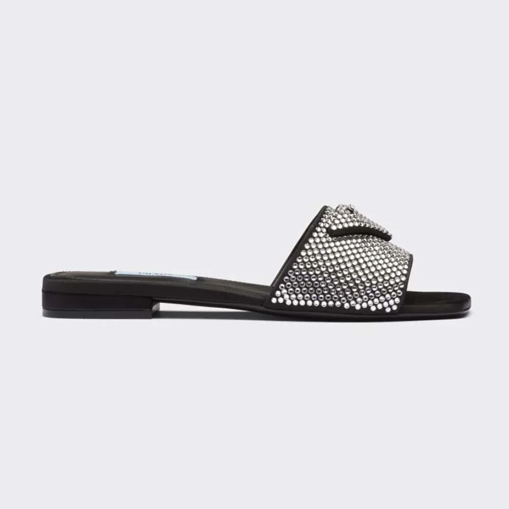Prada Satin Slides with Crystals for Women in Black Prada Satin Slides with Crystals for Women in Black