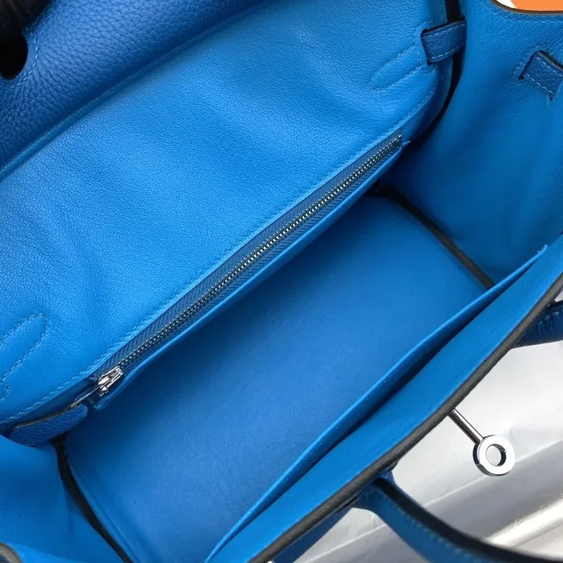 Hermes Birkin Top Handle Bag / Nata Togo Leather Blue Silver Hardware