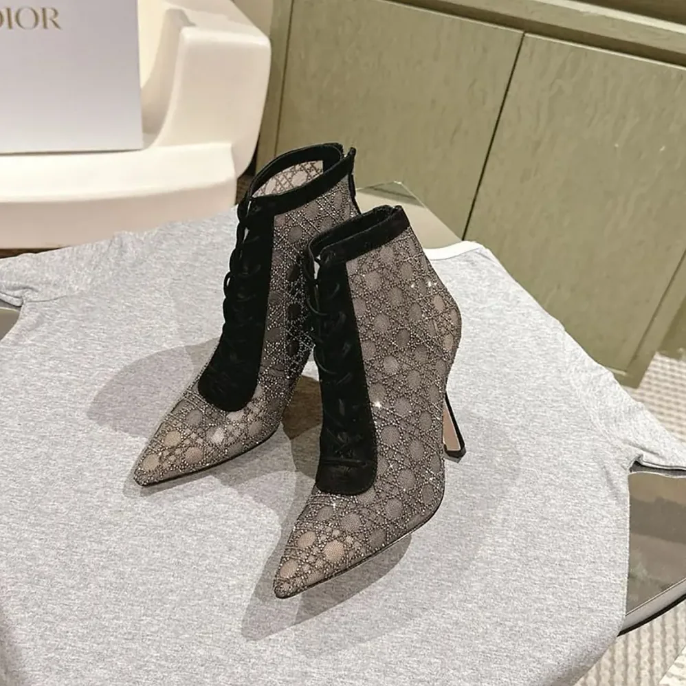 Dior Naughtily-D Heeled Ankle Boot Transparent Mesh for Women in Black
