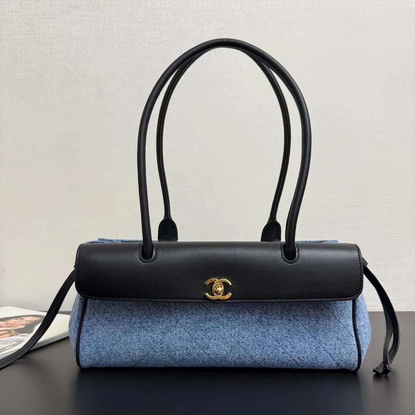 Chanel Small Shopping Shoulder Bag in Blue/ Black Gold Hardware Chanel Small Shopping Shoulder Bag in Blue/ Black Gold Hardware