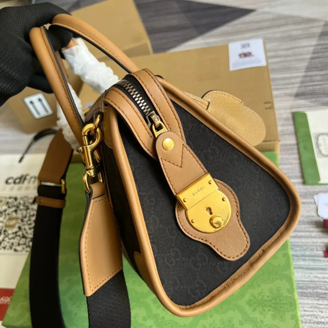 Small Bauletto Top Handle Bag With Double G Brown in Grey / Small Bauletto Top Handle Bag With Double G Brown in Grey /