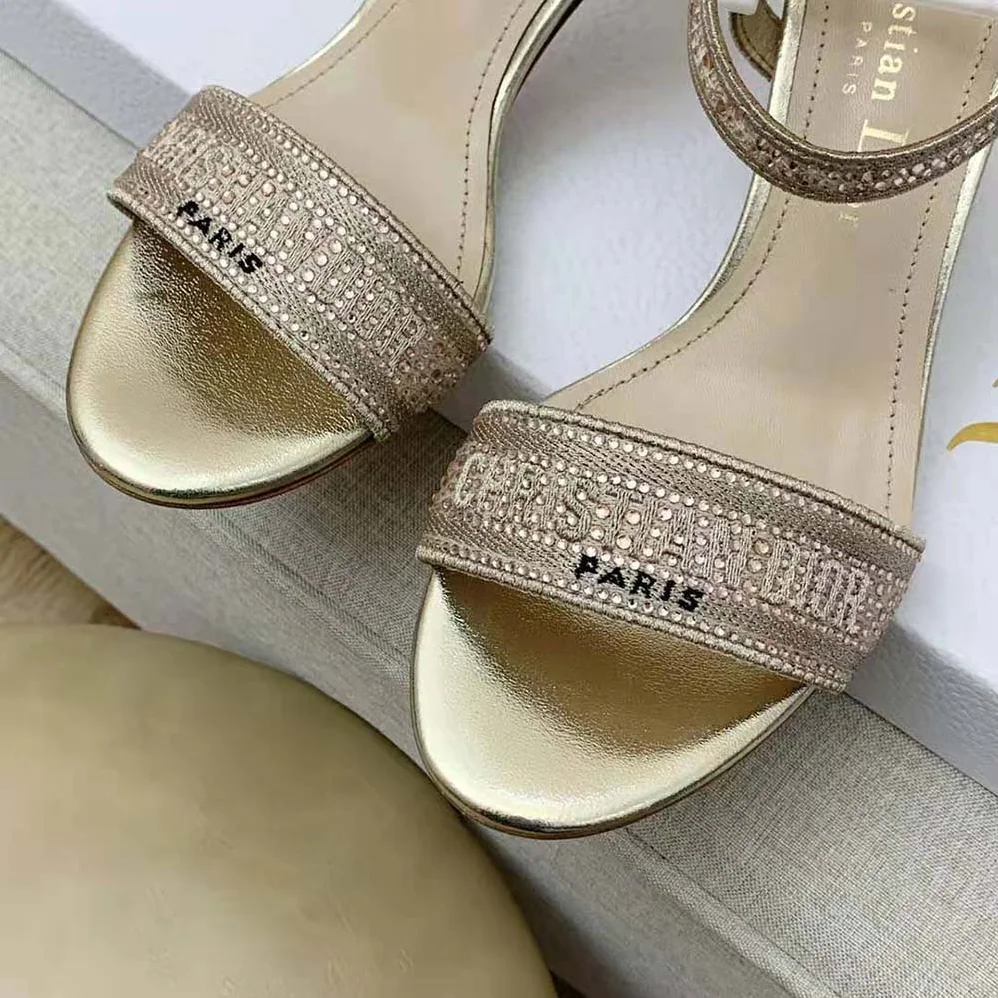Dior Dway Heeled Sandal Gold-Tone Cotton Embroidered with Metallic Thread and Strass for Women