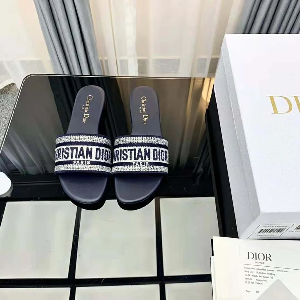 Dior Dway Slide Black Cotton Embroidery with Metallic Thread and Silver for Women in Tone Strass