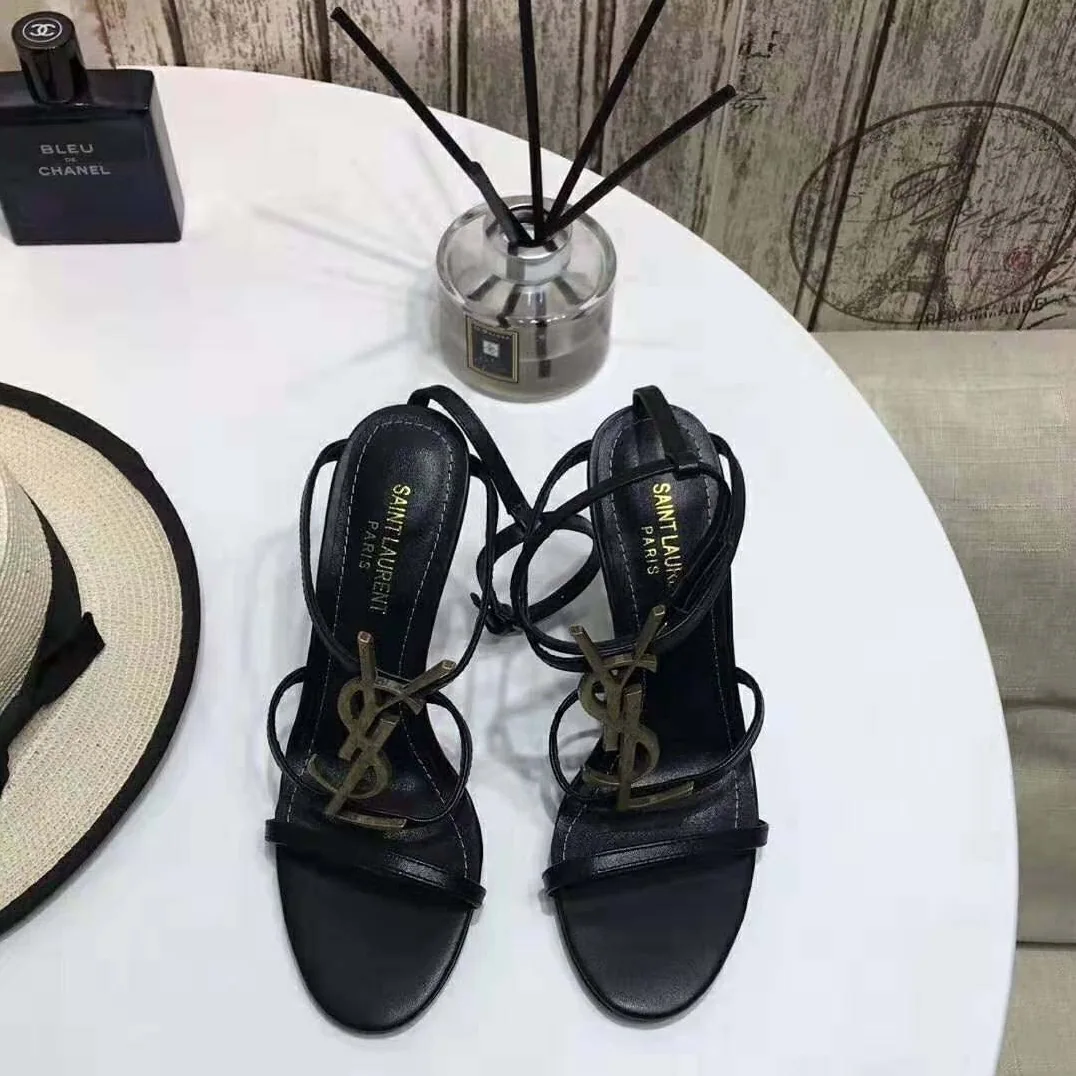 Saint Laurent YSL Cassandra Sandals with Gold Logo in Smooth Leather (110) Heel Height for Women in Black