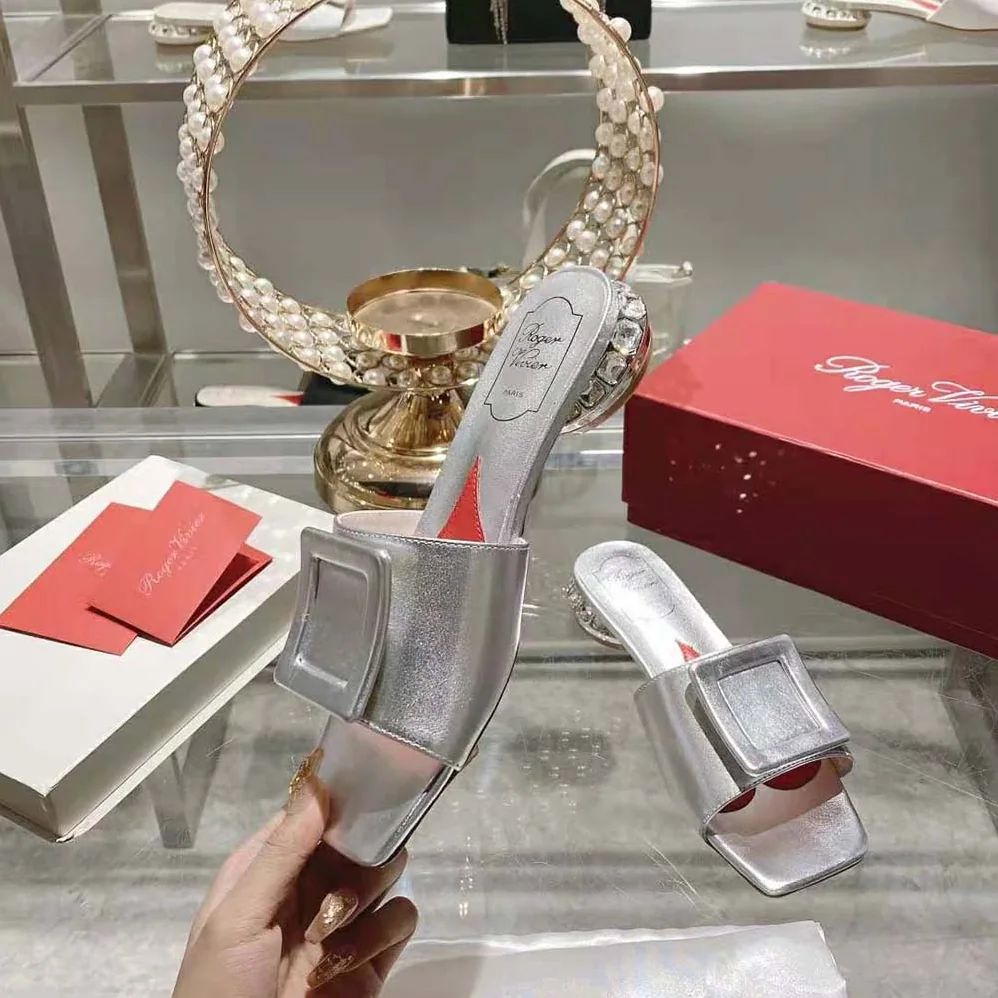 Roger Vivier Strass Heel Covered Buckle Mules in Satin for Women in Silver