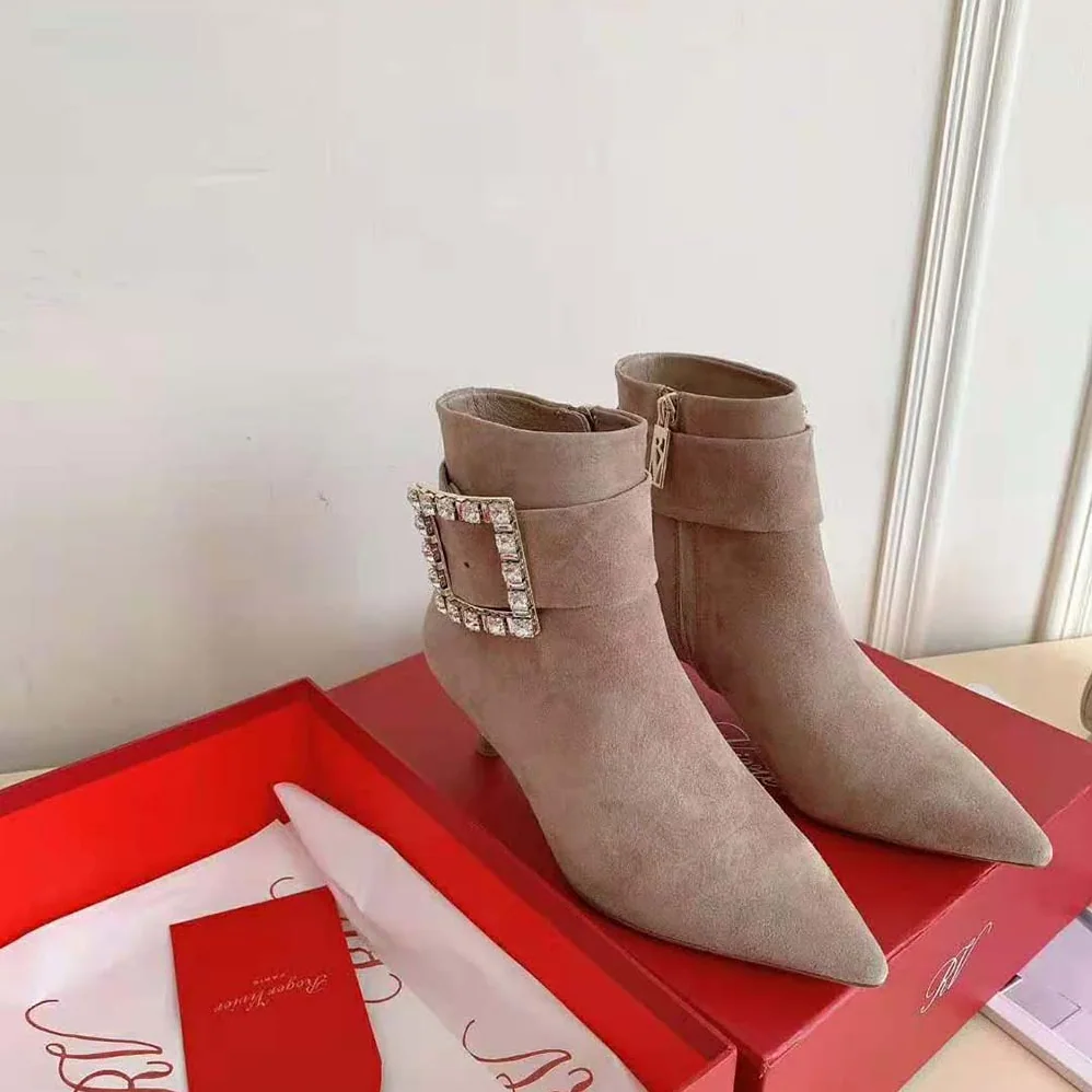 Roger Vivier Pointy Strass Buckle Ankle Boots in Suede for Women Roger Vivier Pointy Strass Buckle Ankle Boots in Suede for Women