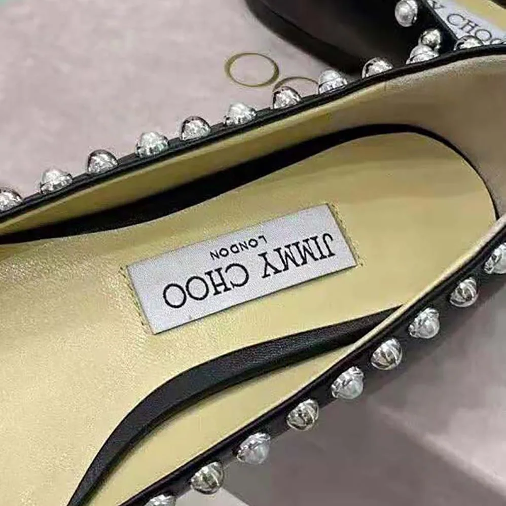 Jimmy Choo Mirele Flat Black Nappa Leather Flats with Pearl Outline for Women Jimmy Choo Mirele Flat Black Nappa Leather Flats with Pearl Outline for Women