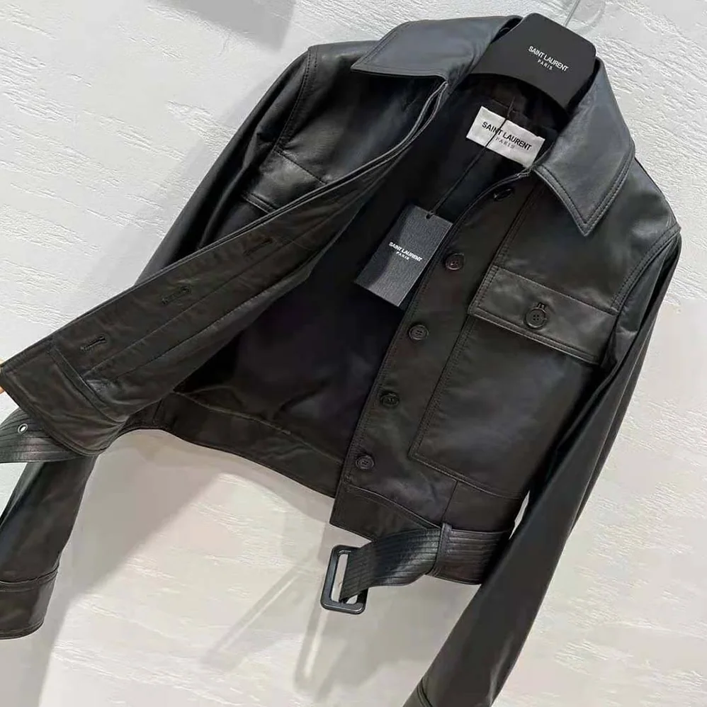 Saint Laurent YSL Cropped Jacket in Drummed Lambskin for Women in Black