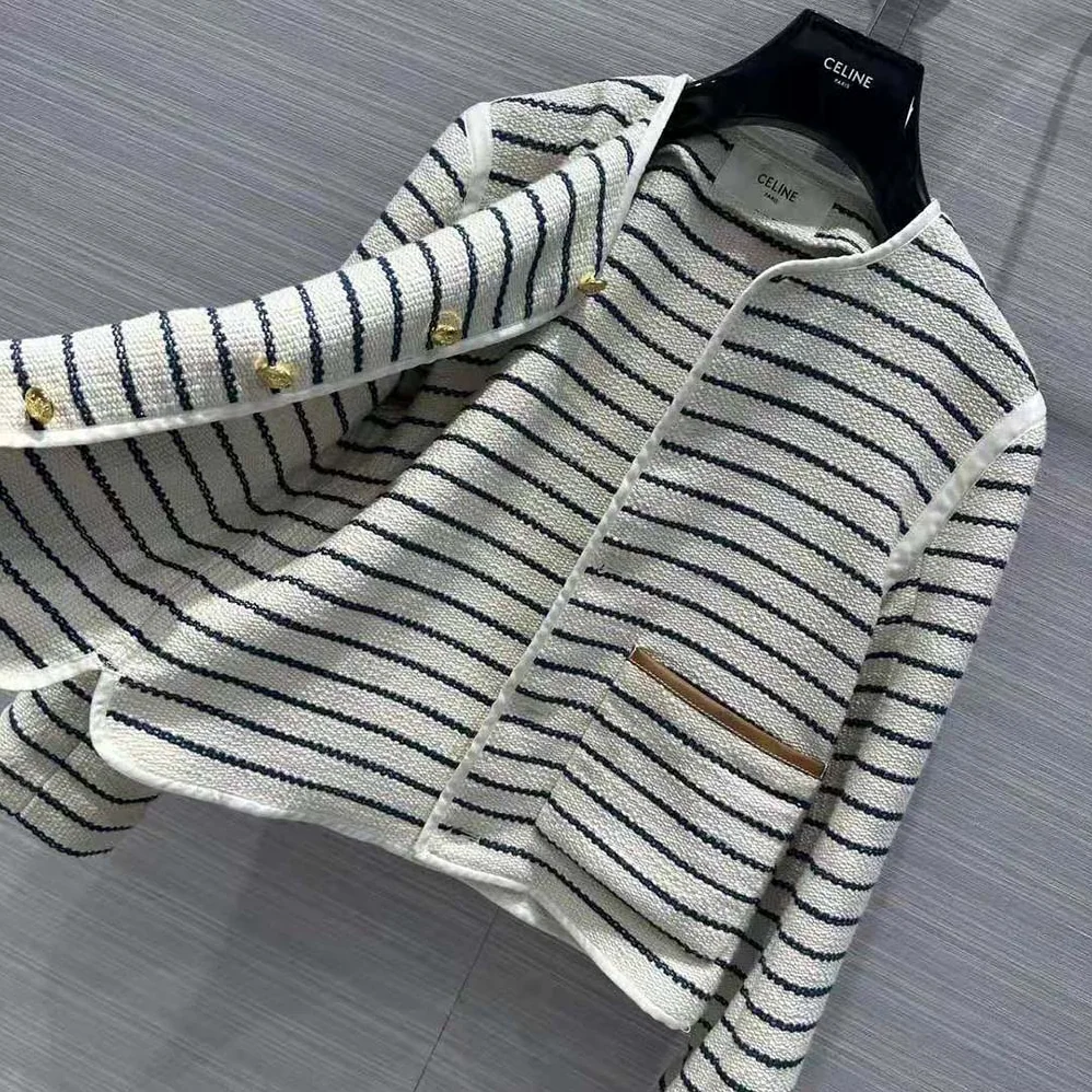 Celine Cardigan Jacket with Leather Details in Striped Cotton for Women Celine Cardigan Jacket with Leather Details in Striped Cotton for Women