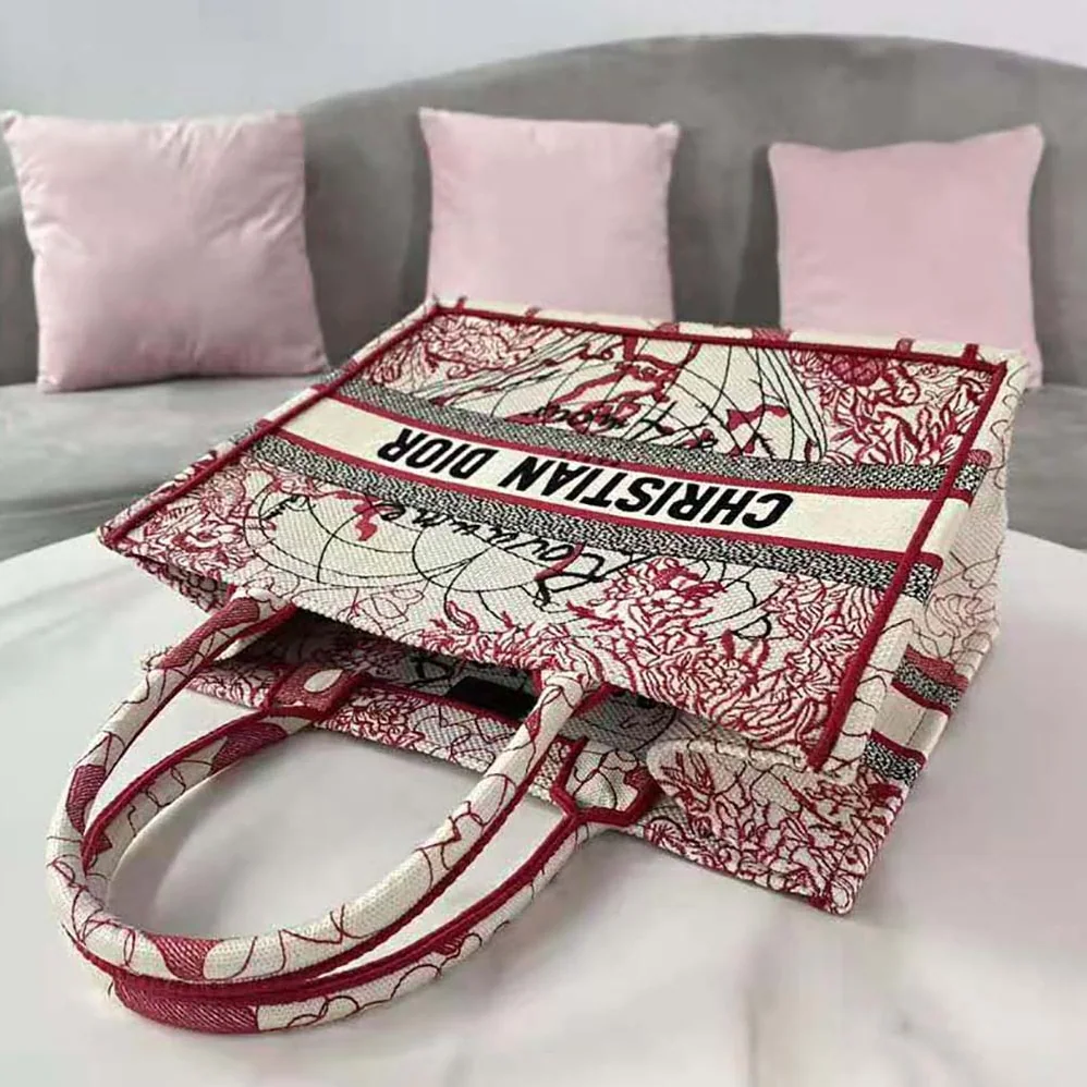 Dior Small Dior Book Tote Red and White D for Women in Royaume D Amour Embroidery