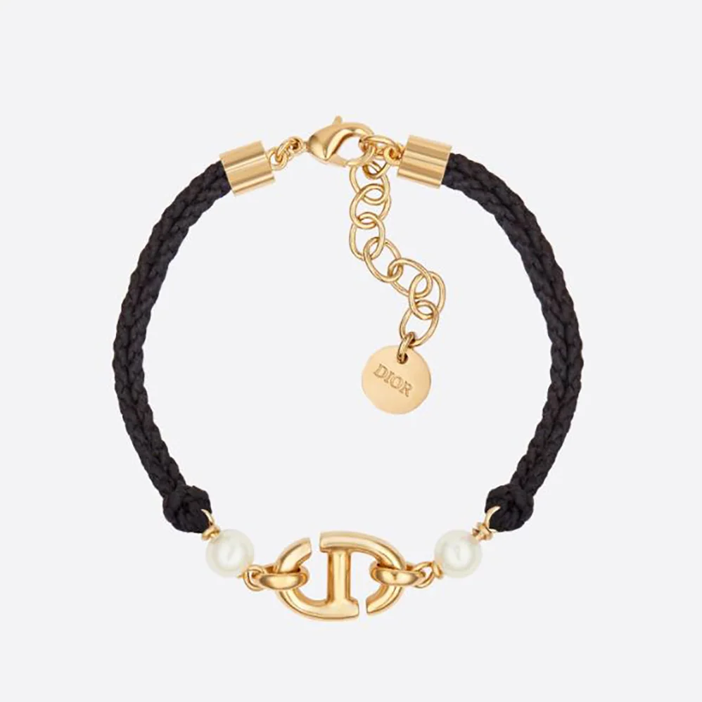 Dior CD Navy Bracelet Gold-Finish Metal with Black Cotton and White Resin Pearls for Women Dior CD Navy Bracelet Gold-Finish Metal with Black Cotton and White Resin Pearls for Women