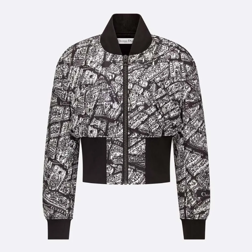 Dior Cropped Bomber Jacket Black and White Technical Taffeta Jacquard for Women