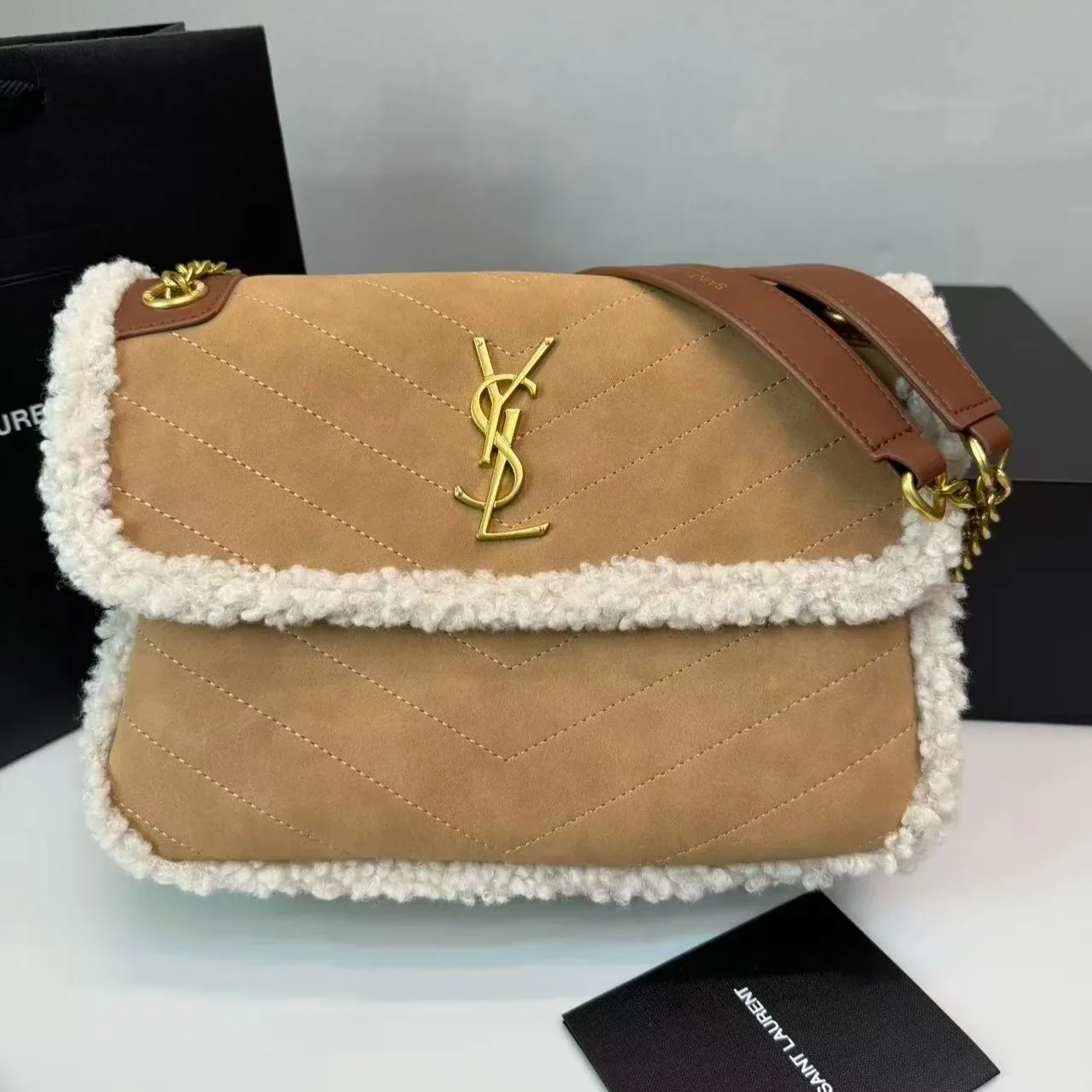 Saint Laurent Taupe Shearling Medium Niki Bag Brown
