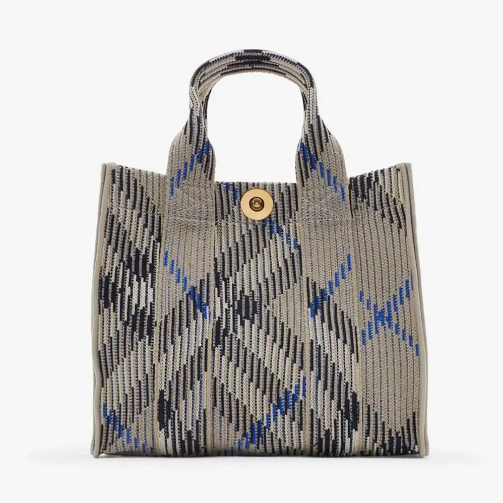 Burberry Mini Check Knitted Tote for Women in Grey Burberry Mini Check Knitted Tote for Women in Grey