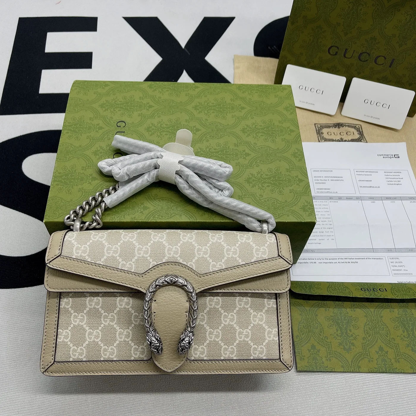 Gucci Dionysus Small Shoulder Bag / Beige/ White GG Supreme Canvas Palladium Hardware