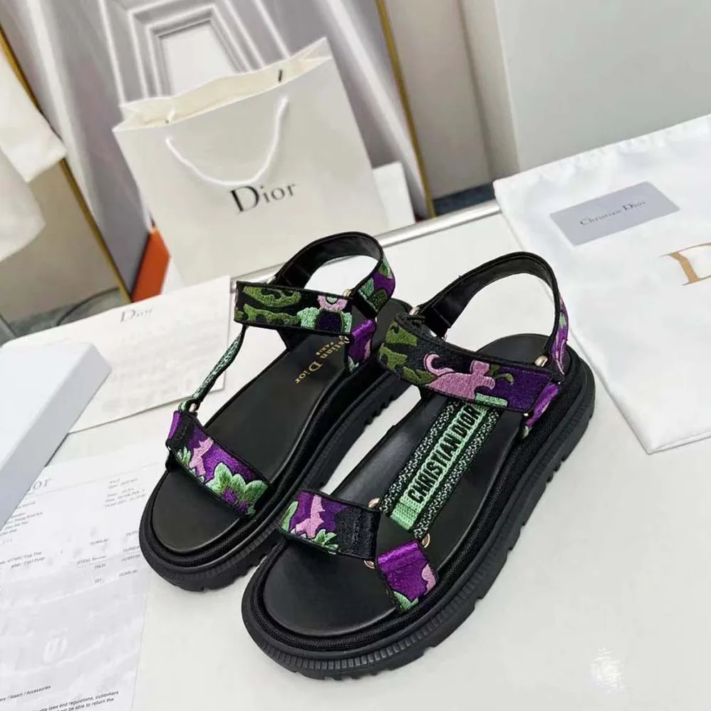 Dior D-Wave Sandal Black Multicolor Embroidered Cotton for Women