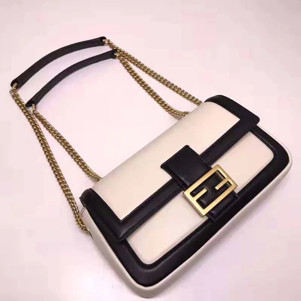 Fendi Baguette Chain Black and White Nappa Leather Bag for Women