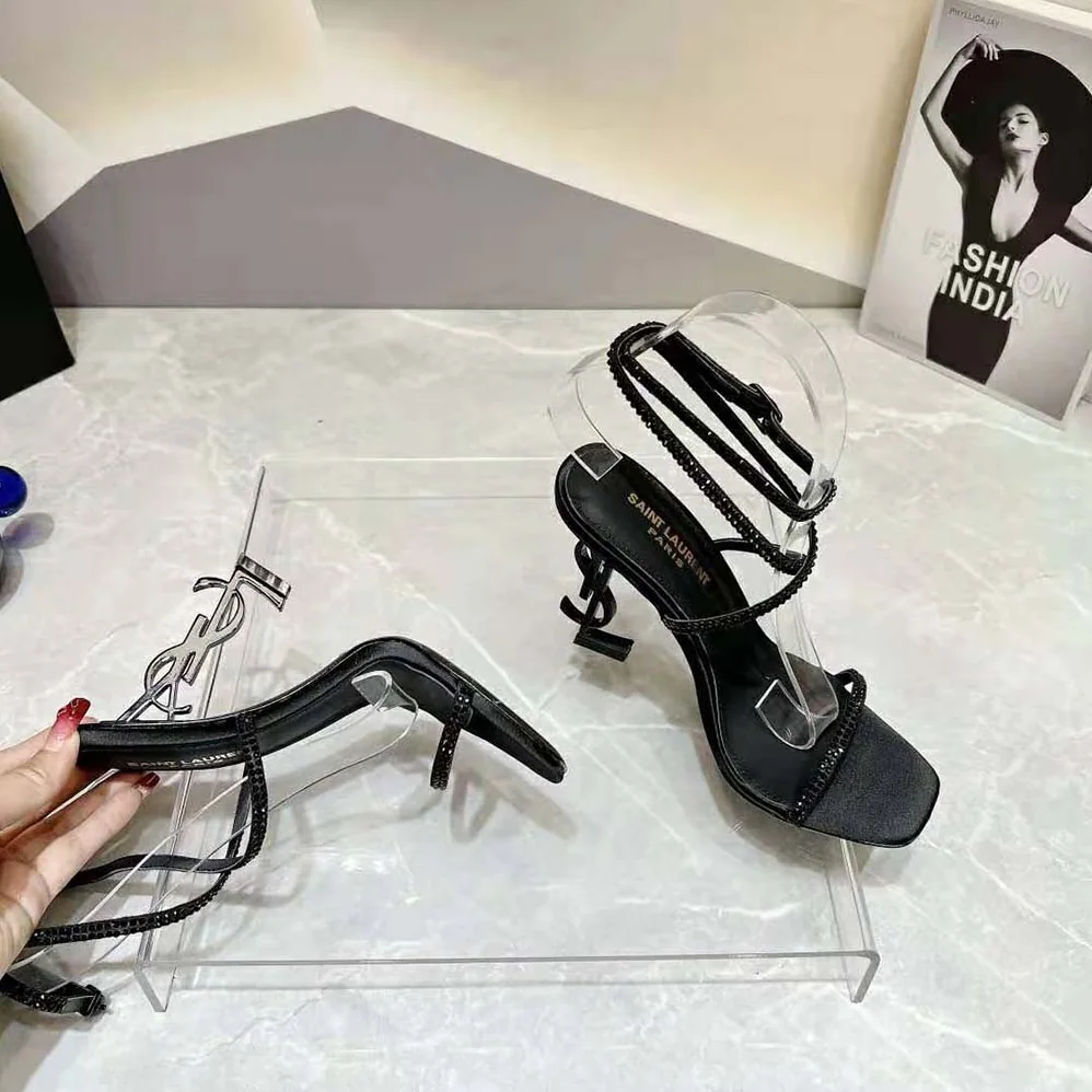 Saint Laurent YSL Opyum Sandals in Crepe Satin and Rhinestones for Women