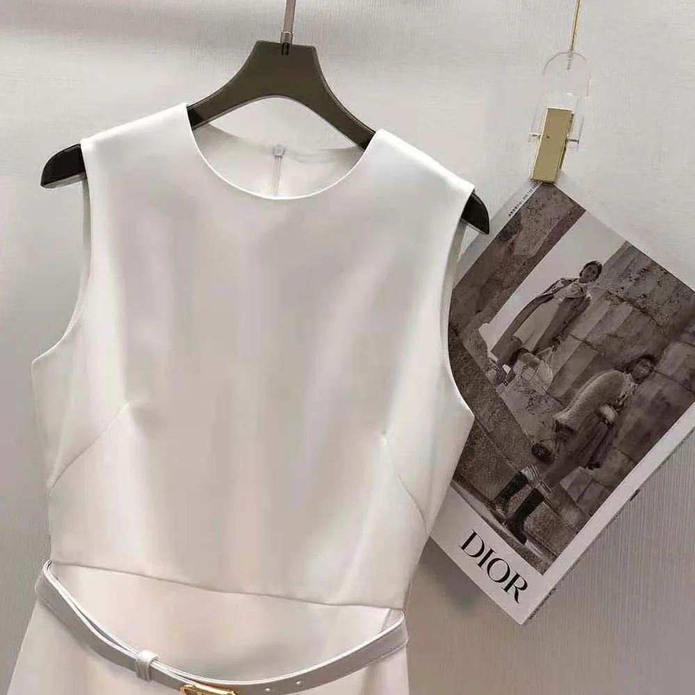 Fendi White Wool and Silk Dress with Fitted Waist and Cross for Women in Over Skirt