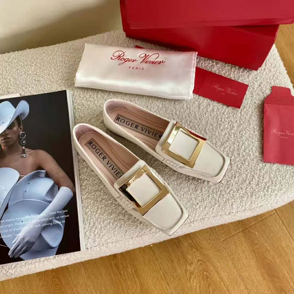 Roger Vivier Viv' Driver Metal Buckle Loafers in Leather for Women in White Roger Vivier Viv' Driver Metal Buckle Loafers in Leather for Women in White