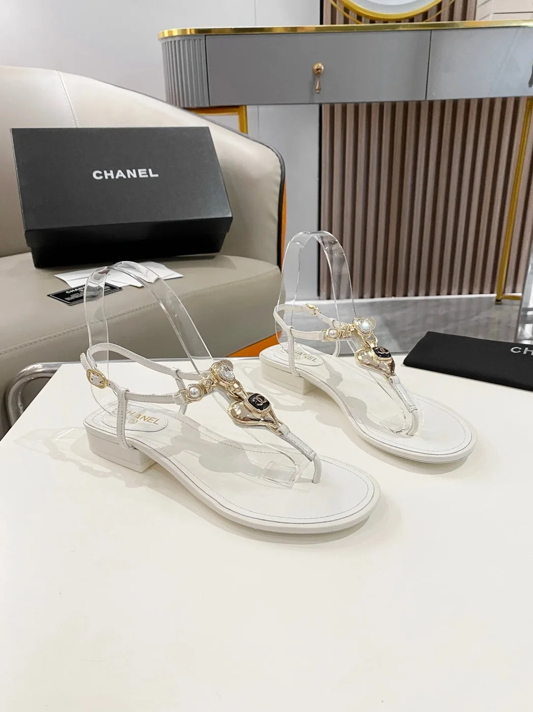 Chanel Crystal Low Heels Flip Flops White