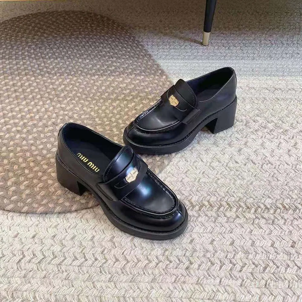 Miu Miu Leather Penny Loafers in 75mm Heel Height for Women in Black Miu Miu Leather Penny Loafers in 75mm Heel Height for Women in Black