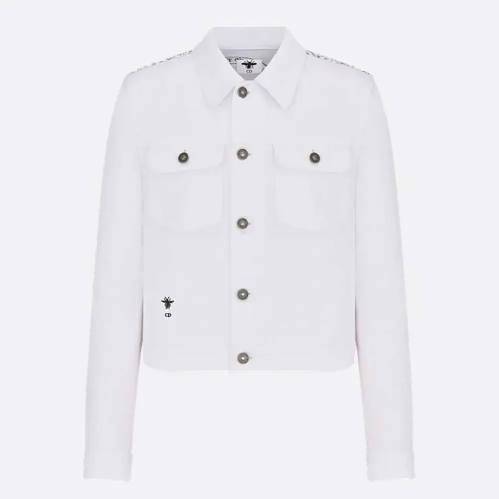 Dior Jacket White Cotton Denim with Gold-Tone Dior Around the World Motif for Women Dior Jacket White Cotton Denim with Gold-Tone Dior Around the World Motif for Women