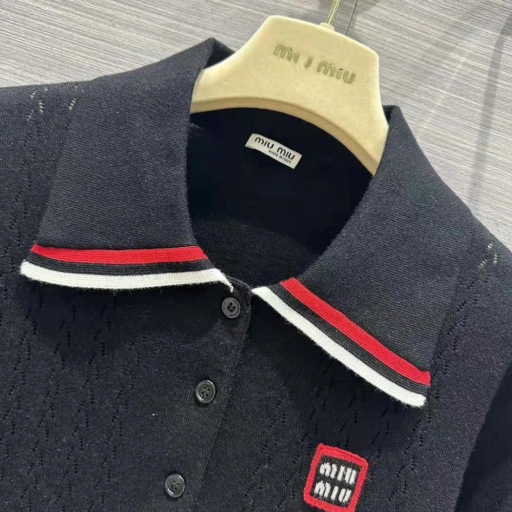 Miu Miu Cropped Silk and Cotton Polo Shirt for Women in Navy Miu Miu Cropped Silk and Cotton Polo Shirt for Women in Navy