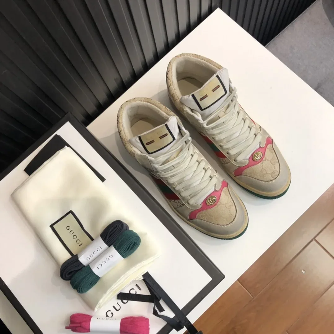 Gucci Screener GG Distressed High Top Off for Men in White Pink Gucci Screener GG Distressed High Top Off for Men in White Pink