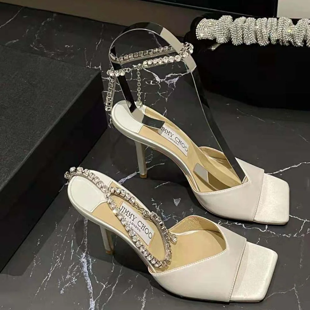 Jimmy Choo Saeda Sandal 100 Ivory Satin Sandals with Crystal Embellishment for Women Jimmy Choo Saeda Sandal 100 Ivory Satin Sandals with Crystal Embellishment for Women
