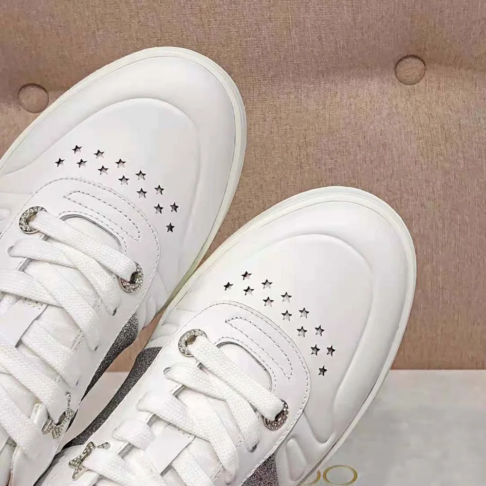 Jimmy Choo Hawaii/f White Calf Leather Lace-Up Trainers with Glitter Stripe for Women Jimmy Choo Hawaii/f White Calf Leather Lace-Up Trainers with Glitter Stripe for Women
