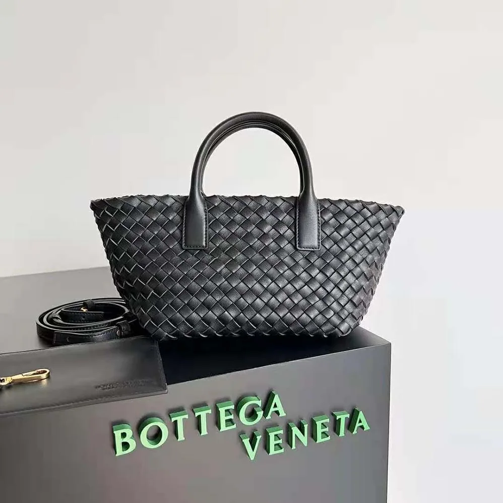 Bottega Veneta Mini Cabat Intreccio Leather Tote Bag with Detachable Strap for Women in Black Bottega Veneta Mini Cabat Intreccio Leather Tote Bag with Detachable Strap for Women in Black