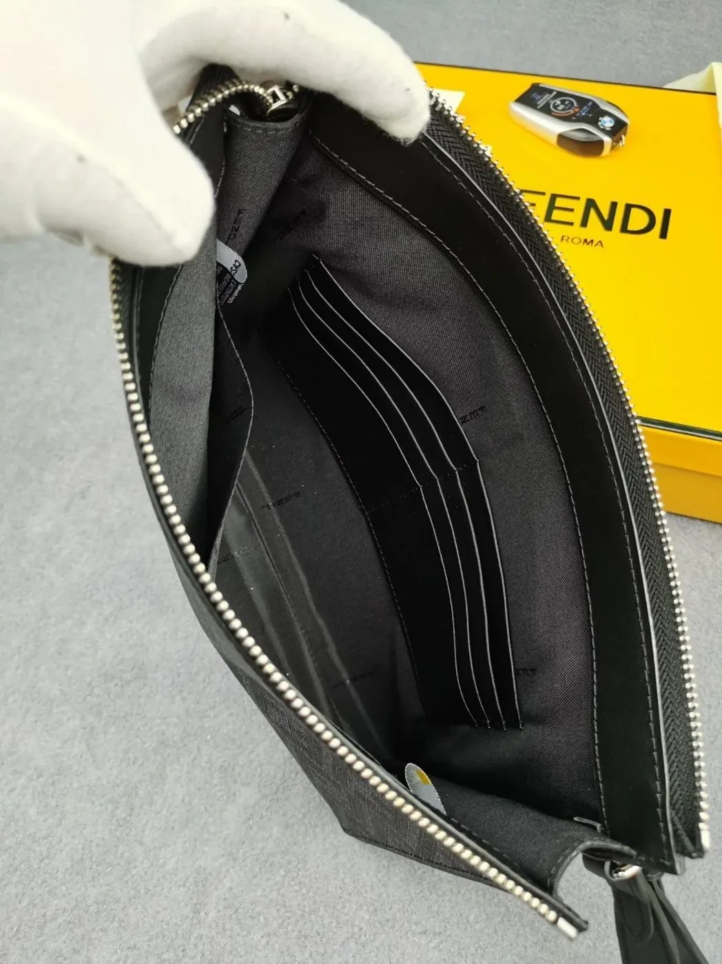 Fendi Flat Pouch Black Fabric Pouch Yellow Stripes / FF 7VA491A9XSF0R2A