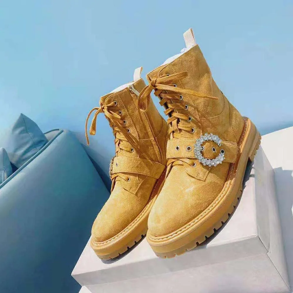 Jimmy Choo Cora Flat/Crystal Caramel Suede Combat Boots with Crystal Buckle for Women Jimmy Choo Cora Flat/Crystal Caramel Suede Combat Boots with Crystal Buckle for Women