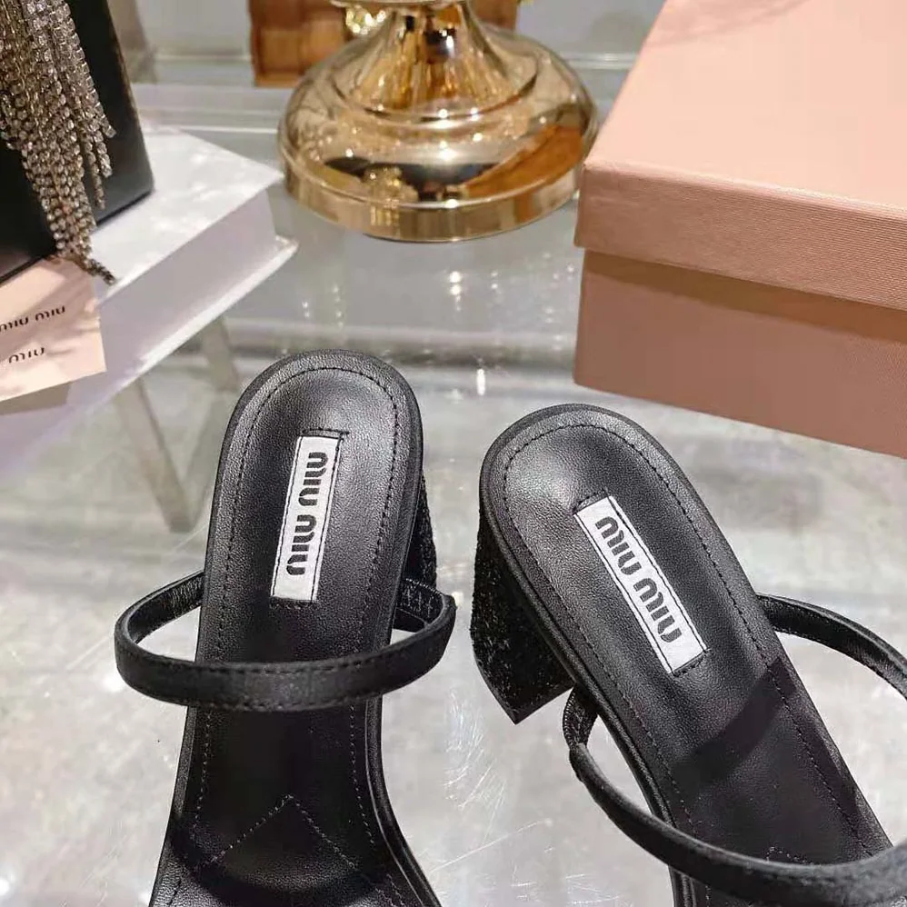 Miu Miu Satin and Glitter Slides in 85 mm Heel Height for Women in Black Miu Miu Satin and Glitter Slides in 85 mm Heel Height for Women in Black