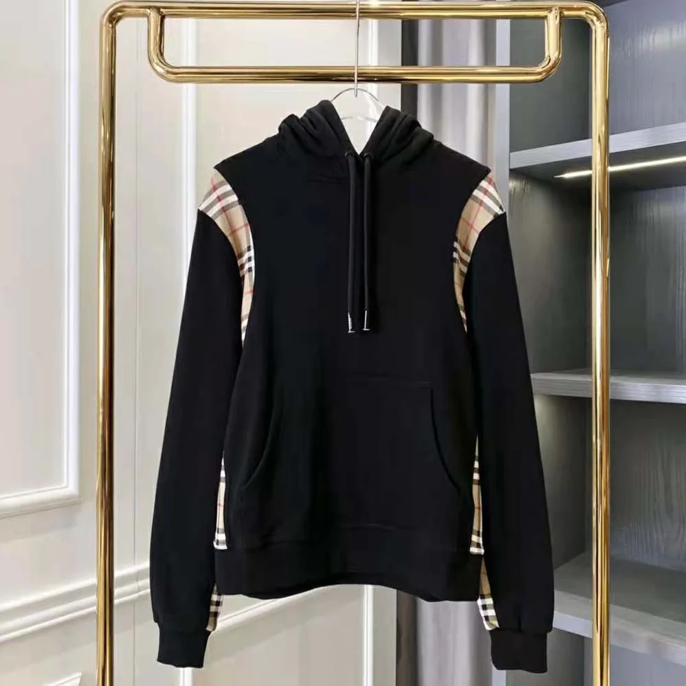Burberry Vintage Check Panel Cotton Hoodie for Women in Black