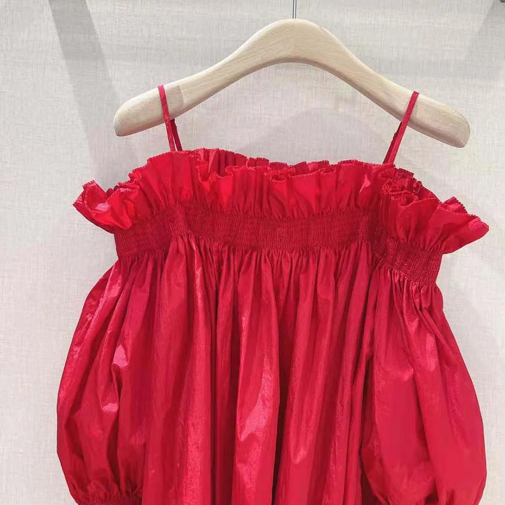 Dior Off-the-Shoulder Smocked Top Scarlet Red Silk Taffeta for Women