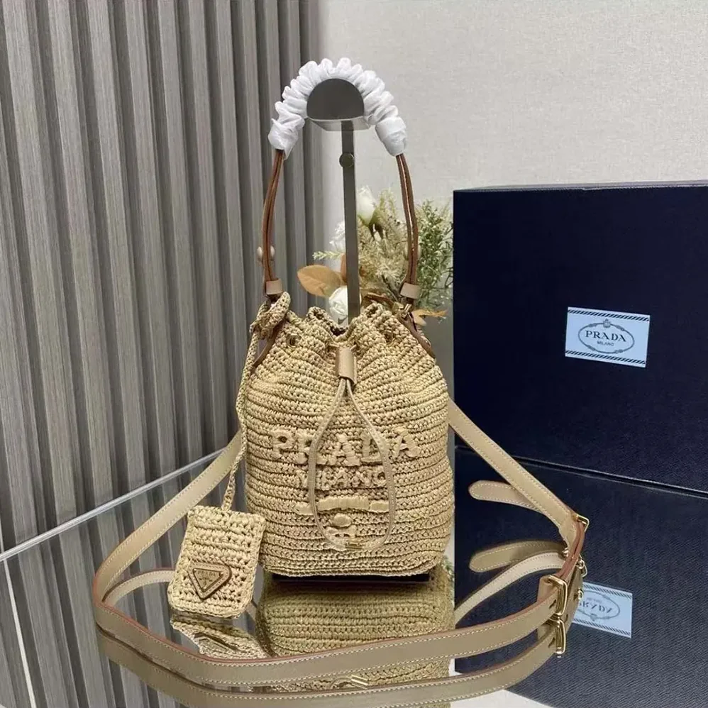Prada Mini Crochet and Leather Bucket Bag for Women in Natural
