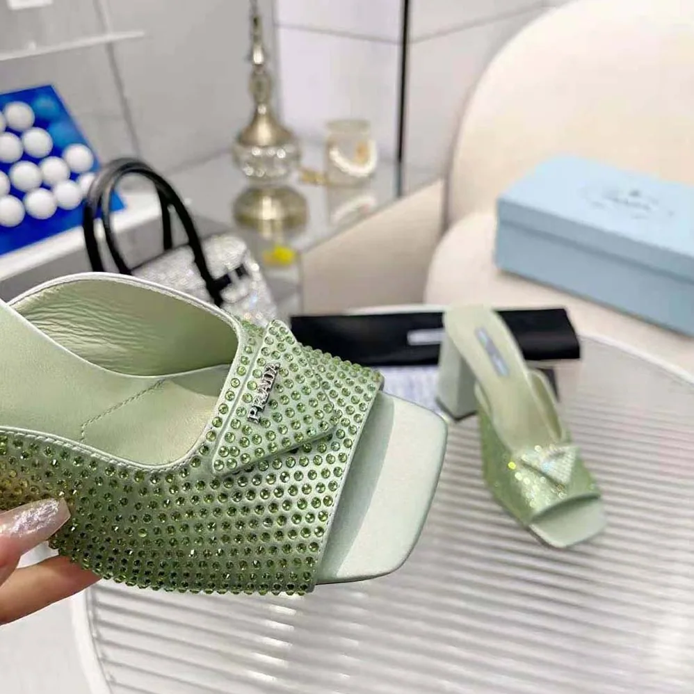 Prada High-heeled Satin Slides with Crystals for Women in Auqa Prada High-heeled Satin Slides with Crystals for Women in Auqa