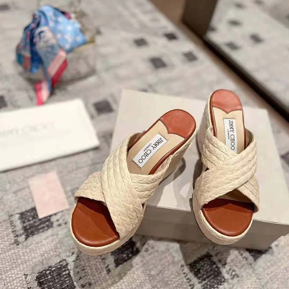 Jimmy Choo Dovina 100 Natural Raffia Wedge Mules with JC Monogram for Women